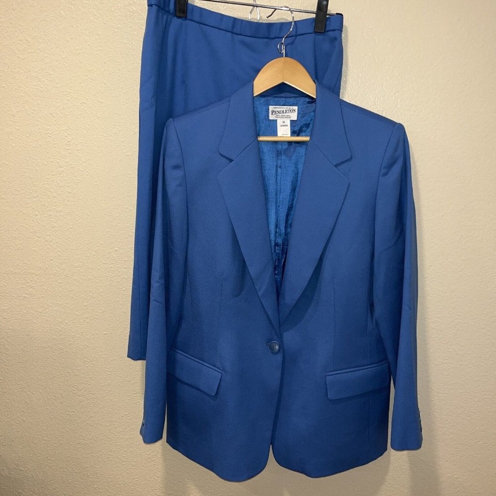 PENDLETON Suit Blazer 14 and Skirt 12 Virgin Wool Women's Blue Button Up Pockets